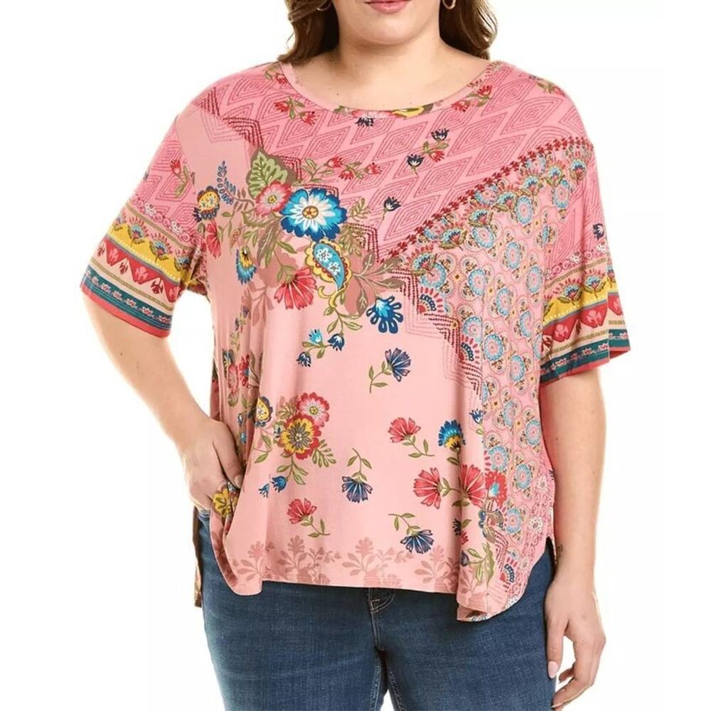 Johnny Was Lakshmi Oversized Cropped T-shirt XL Boho Pink Floral Side Vents JWLA